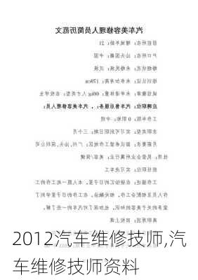 2012汽车维修技师,汽车维修技师资料