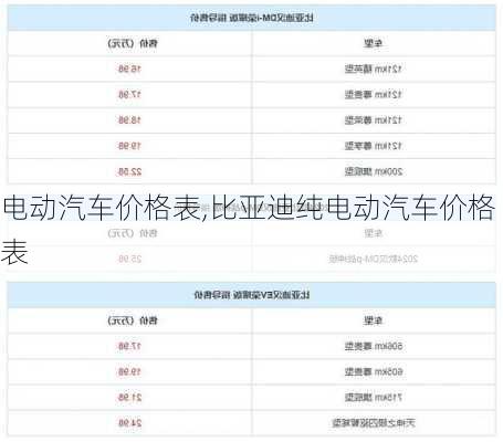 电动汽车价格表,比亚迪纯电动汽车价格表