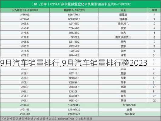 9月汽车销量排行,9月汽车销量排行榜2023